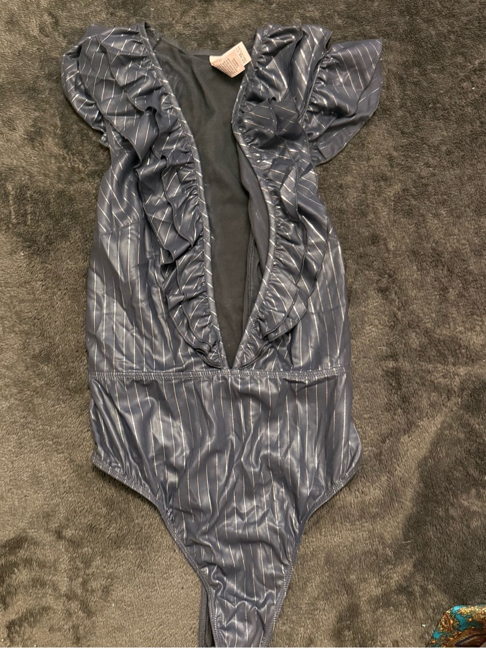 Victoria's Secret Navy Pinstripe Ruffle Deep-V Bodysuit